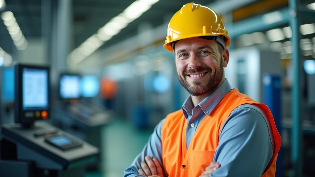 Fabrikarbeiter in moderner Produktionshalle überwachen Maschinen mit digitalen Steuerungsbildschirmen und Effizienzmetriken