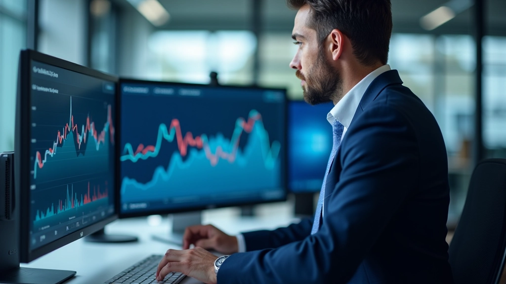 Finanzanalyst vergleicht Wechselkursentwicklungen auf mehreren Bildschirmen im modernen Büro