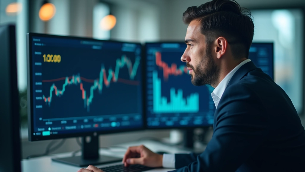 Finanzanalyst arbeitet an modernem Büro-Schreibtisch mit mehreren Monitoren und Wechselkurscharts