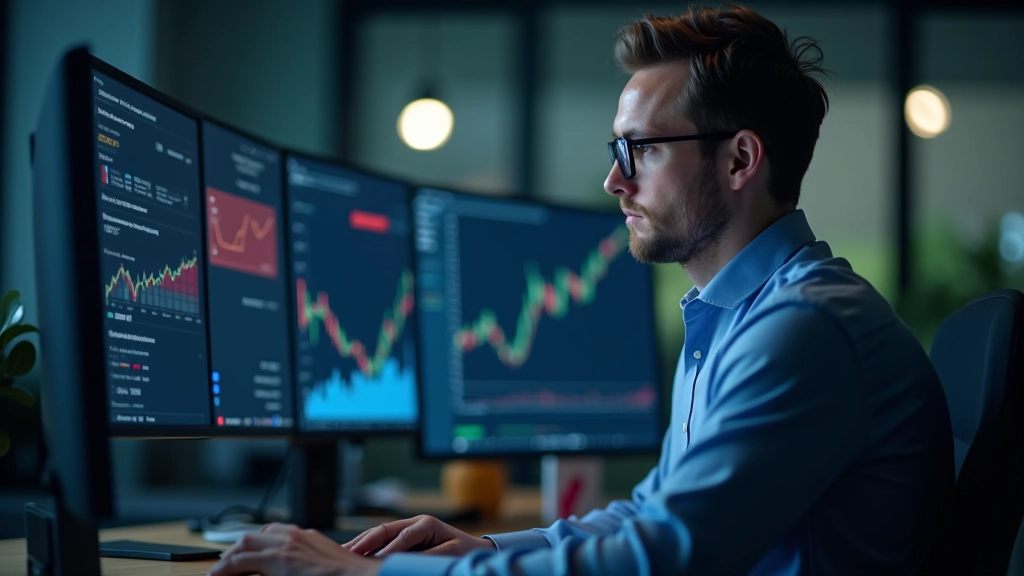 Finanzhändler analysieren Wechselkursdiagramme auf mehreren Bildschirmen im Büro