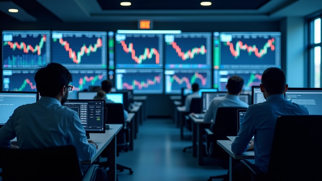 Moderner Finanzhandelsschaltraum mit mehreren Monitoren, die Wechselkursdiagramme und Echtzeit-Devisendaten anzeigen
