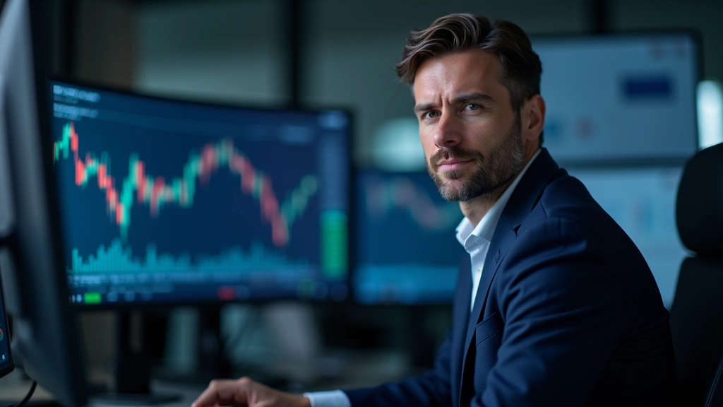 Finanzanalytiker schaut konzentriert auf mehrere Monitor-Bildschirme mit Live-Wechselkursdiagrammen und EUR-USD-Kurven