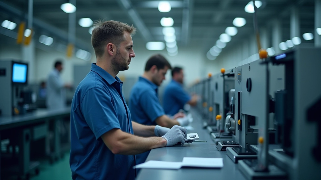 Fertigungshalle mit modernen Maschinen und Facharbeitern bei der Qualitätskontrolle